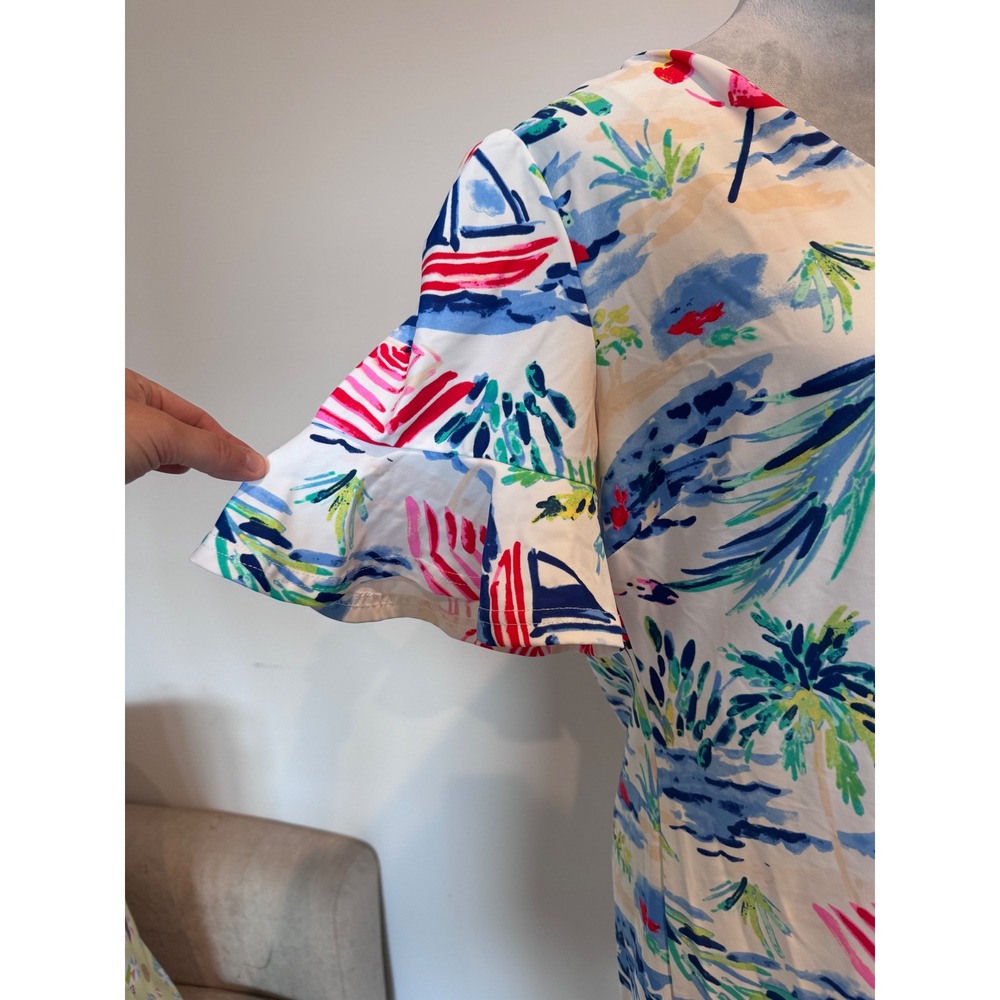 Aryeh Womens XL Tropical Beach Print Bell Sleeve V-Neck Shift Dress Multicolor - Picture 3 of 5